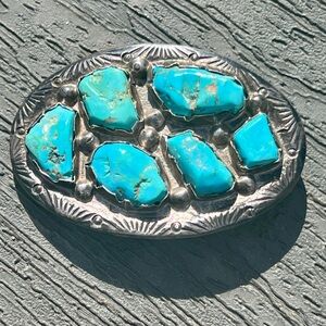 Vintage Southwestern Alpaca Silver & Raw Turquoise Belt Buckle
